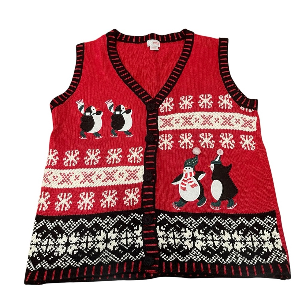 Holiday Editions‎ Sweater Vest Cardigan Red Holiday Party Snow Penguin Sz Small